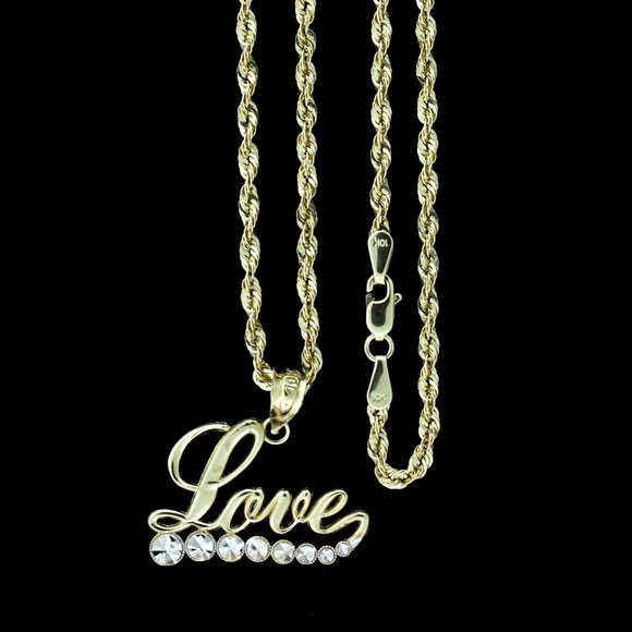 JewelzKing Jewelry - 10K Real Gold Rope Chain and LOVE Script Charm Pendant Set